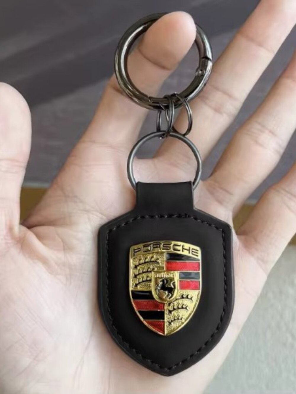 Porsche BLACK and Gold Keychain Pendant Black Leather Raised Metal Logo NEW - Picture 2 of 4